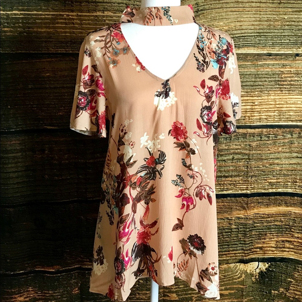 Beige Floral Top With Wrap Around Neck